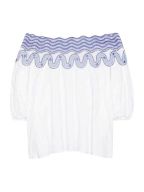 Peter Pilotto White Cotton & Blue Lace Embroidery Pallas off-Shoulder Blouse