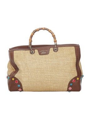 Gucci Natural Raffia & Brown Leather Bamboo Handle Tote Bag