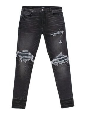 Amiri Charcoal wash distressed denim Bandana Artpatch jeans