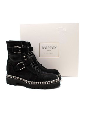 Balmain Black Suede Chain Trim Boots