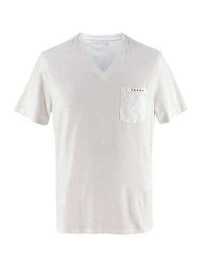Prada V Neck White T Shirt with Nylon Pocket