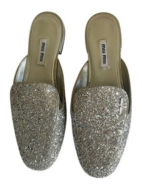 Miu Miu Silver Glitter Flat Mules