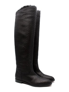 Dior Black basketweave leather long flat riding boots