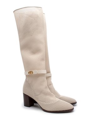 Dior Cream Airtex block heeled long boots