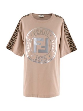 Fendi Beige FF Trim Roma Logo T-Shirt
