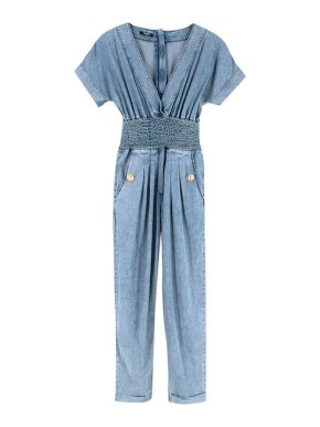 Balmain Light Wash Denim Gathered Jumpsuit