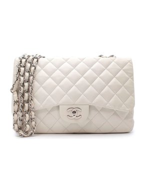Chanel White leather quilted CC jumbo flap bag