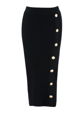 Balmain Black ribbed knit pencil skirt with gold-tone buttons