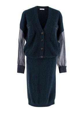 Brunello Cucinelli Navy ribbed knit sheer sleeve cardigan & skirt
