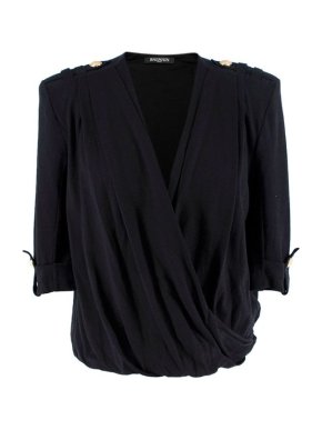 Balmain Black wool-blend draped blouse