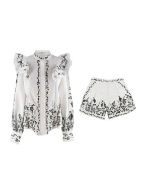 Erdem White floral printed linen blouse & shorts