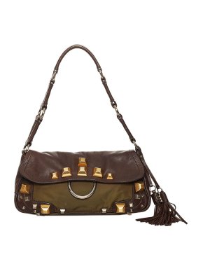Prada Brown leather & nylon studded baguette