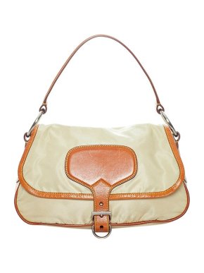 Prada Beige nylon & tan leather Tessuto baguette