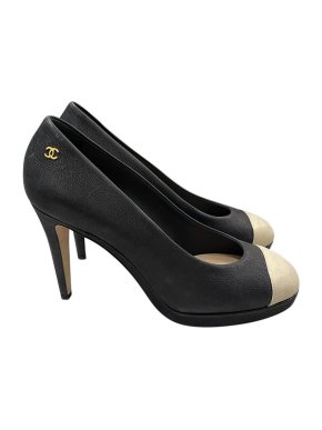 Chanel Black & gold leather toe cap heeled pumps