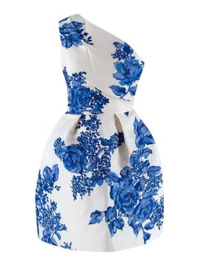 Monique Lhuillier Ivory & Blue One Shoulder Mini Dress