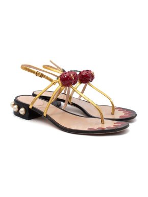 Gucci Gold leather cherry embellished Hatsumomo sandals
