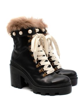 Gucci Black leather shearling trimmed combat boots