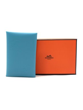 Hermes Blue Embossed Leather Calvi Cardholder