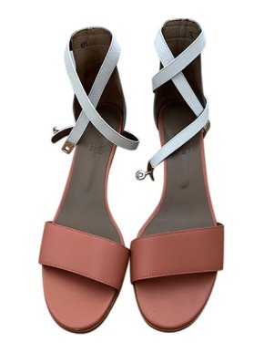 Hermes Tan & blue leather Manege block heeled sandals