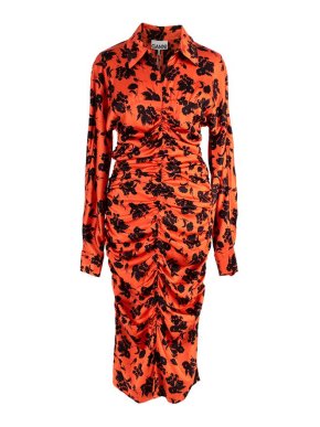 Ganni Orange & black floral stretch-silk Flame shirt dress