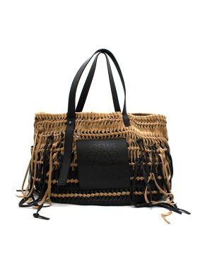 Loewe Black & beige fringed suede Anagram tote bag