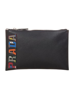 Prada Black Saffiano varsity logo clutch bag