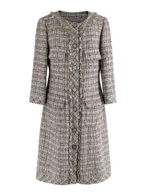 Chanel Grey Check Chain Trimmed Tweed A-Line Coat
