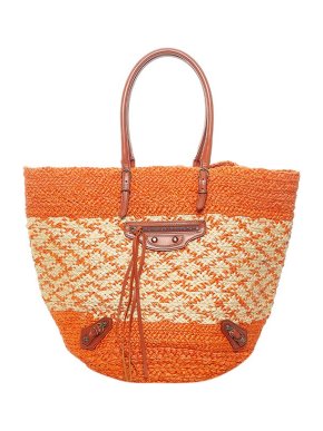 Balenciaga Orange & natural raffia Pannier tote bag