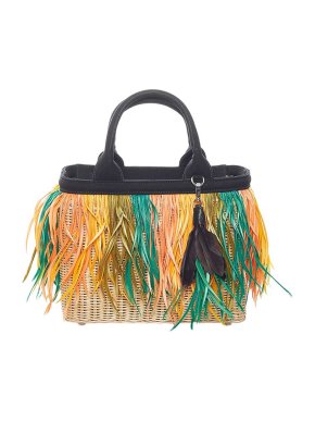 Prada Orange & green fringed raffia tote bag