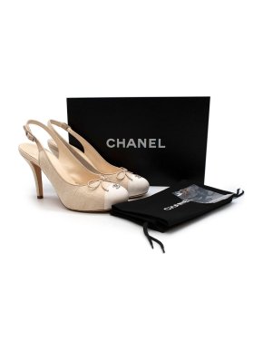 Chanel Cream textured canvas & grosgrain slingback heeled pumps