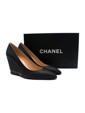 Chanel Matte black leather wedge heeled pumps