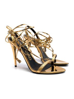 Tom Ford Metallic gold logo embossed leather strappy heeled sandals