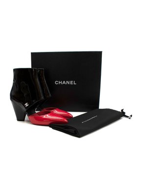 Chanel Red & Black Patent Calfskin Cut-Out Booties