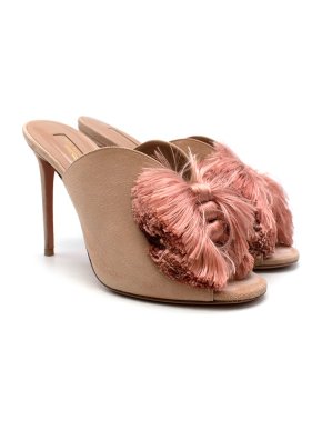 Aquazzura Beige suede & pink tasseled Lotus Blossom heeled mules