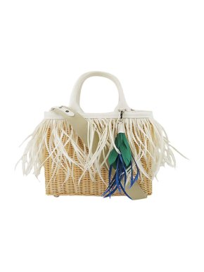 Prada White leather & raffia fringed basket bag
