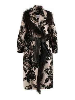 Zara Atelier Black & Champagne floral brocade marabou trimmed coat