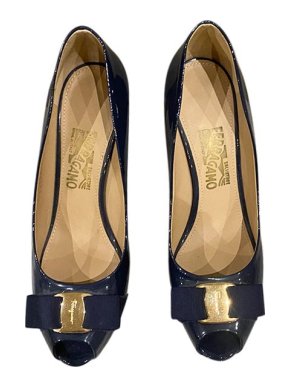 Salvatore Ferragamo Navy patent leather Vara Bow peep-toe heeled pumps