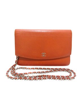 Chanel Orange caviar leather CC wallet on chain