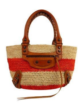 Balenciaga Red & natural raffia Motocross Panier basket bag