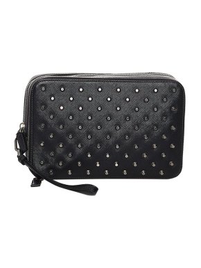 Prada Black Saffiano leather studded clutch bag