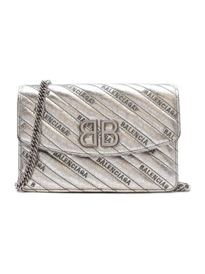 Balenciaga Silver embossed leather BB Round Chain Wallet