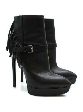 Saint Laurent Black Leather Fringed Platform Ankle Boots