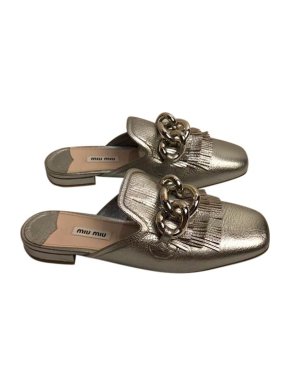 Miu Miu Silver leather chain embellished backless loafers