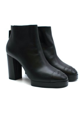Chanel Black leather CC toe cap block heeled ankle boots