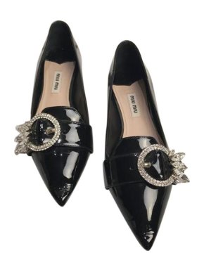 Miu Miu Black Patent Crystal Buckle Flats