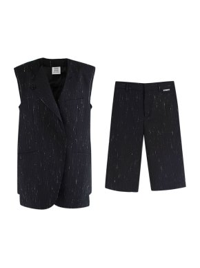Vetements Black wool pinstripe raw edge jacket & shorts