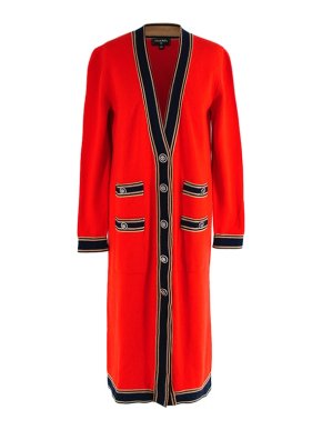 Chanel Red & navy cashmere CC button longline cardigan