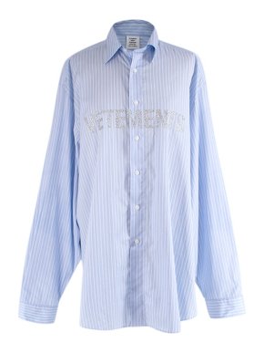 Vetements Glitter Logo Blue and White Pin Stripe  Cotton Shirt