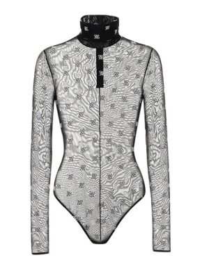 Fendi Black Sheer Karligraphy FF White Embroidered Logo Bodysuit