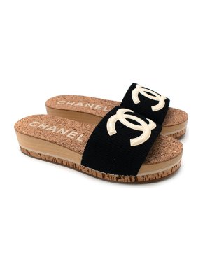 Chanel Black CC Cork Sliders